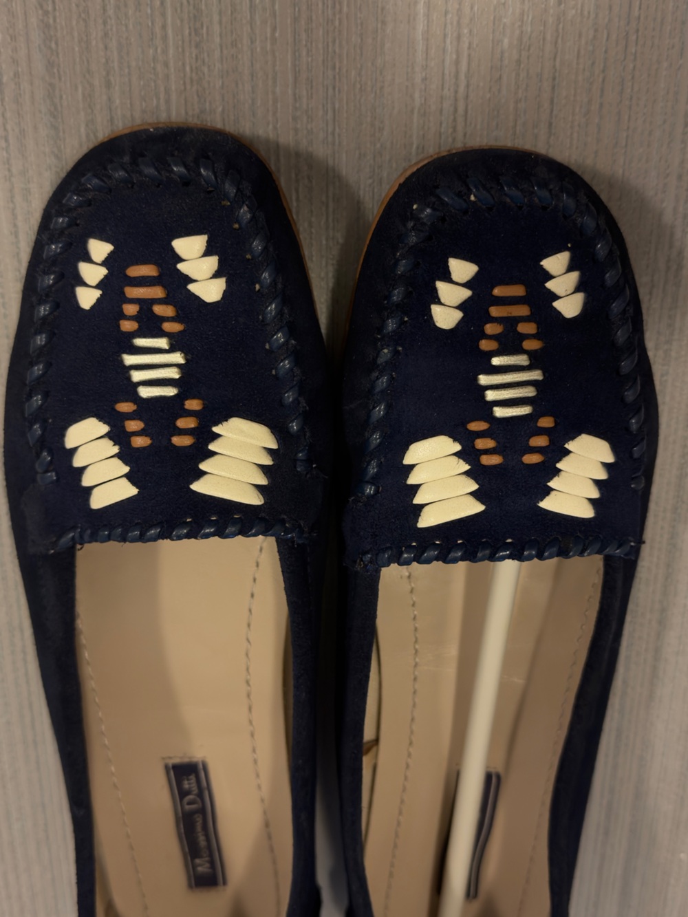 Massimo Dutti Navy Suede Moccasins with Cream and Tan Accents